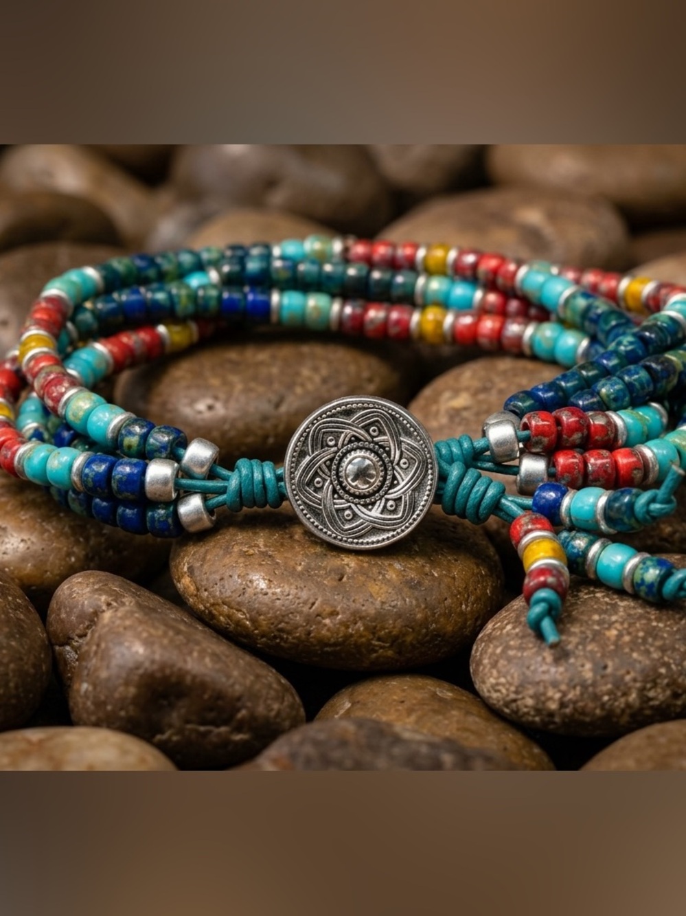Bohemian Multi-Color Beaded Wrap Bracelet with Silver Mandala Button